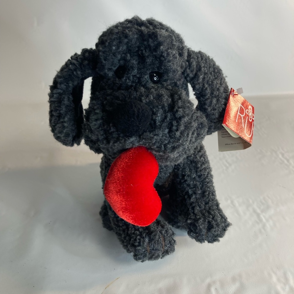 Russ Bosworth Smoky Gray Puppy Dog Holding Red Heart Valentine Plush 7"